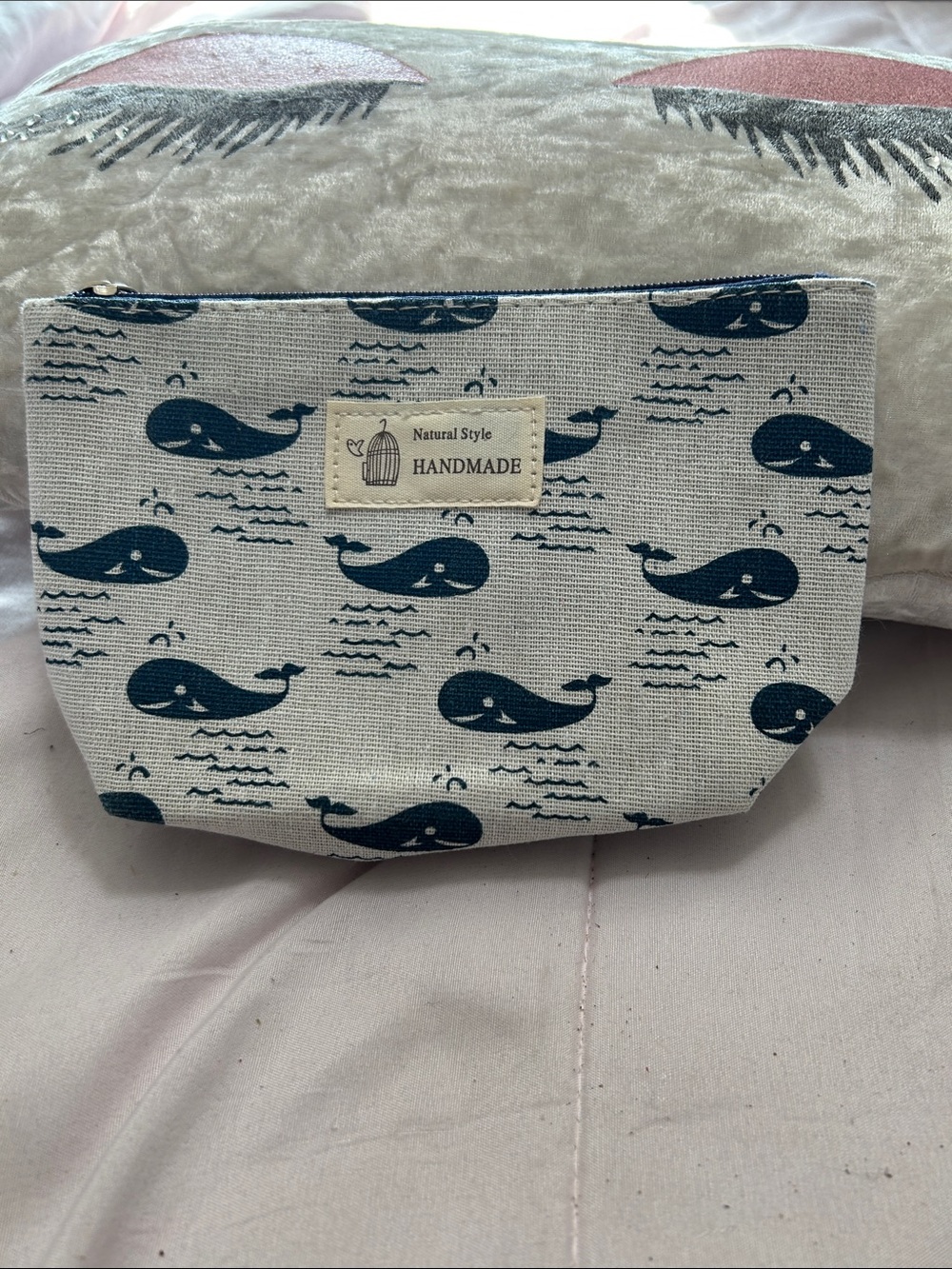 Handmade Whale-Print Toiletry Bag in Navy and Cream NWOT